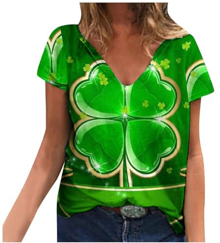 St. Patrick's Day Blusen & Tuniken für Damen Irischer Wichtel Druck Tshirt Festliche Oberteile Kurzarm Bluse V-Ausschnitt T-Shirt Pullover Lose Bequem Shirt Pulli Party Tunika Tops Karneval Kostüm