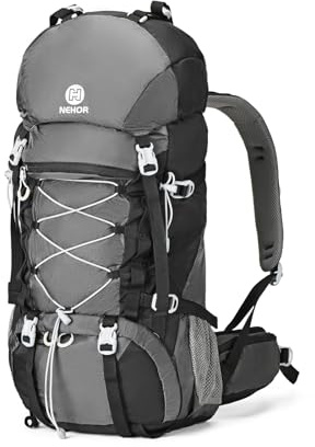 NEHOR Wanderrucksack, 60 l, wasserabweisend, Camping-Rucksack mit Regenschutz, groß, Outdoor-Reise, Tagesrucksack für Damen und Herren, Schwarz, Large, Reiserucksäcke