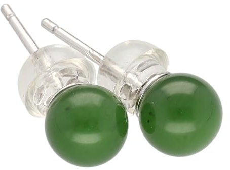 Edelstein Ohrstecker in 925er Silber | Kugel/Perle 6 mm Durchmesser | Ohrringe mit Verschluss (Nephrit Jade)