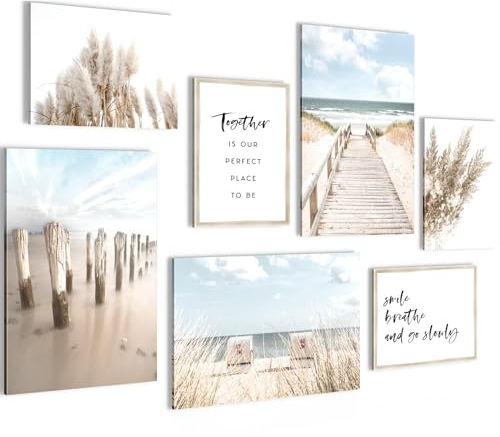 Novart Wandbilder Strand Meer Boho - KOMPLETT AUFHÄNGFERTIG - Blau Beige Wohnzimmer Schlafzimmer - 7 Moderne Mood-Bilder - N007872a