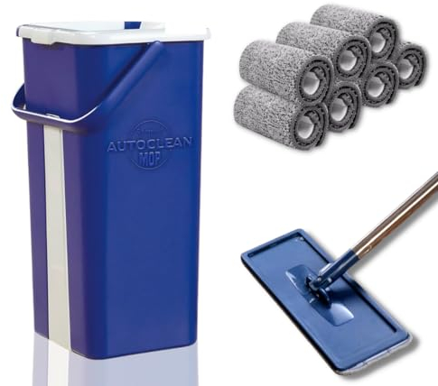STARLYF Juego de Cubo y mopa fregona Autoclean Mop + Paños Microfibra, Doble Compartimento Seco/Mojado, Todo Tipo de Suelos, Paño Microfibra Intercambiable, fácil de Guardar (Autoclean + 7)