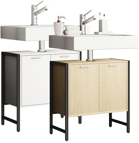 VCM Waschbeckenunterschrank | Badschrank | Maße: H. 60 x B. 60 x T. 30 cm | 2 Seitenteile aus Metall | Korpus aus Holz | 2 große Drehtüren - Edino