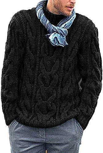 Runcati Knitted Mens Jumper Cable Knit Sweater Long Sleeve Ribbed High Neck Winter Pullover Thick Knitwear, Black, M