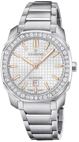 Candino Swiss Damenuhr Analog aus Edelstahl 316l Silberfarben | Quarzwerk, Widerstandsfähiges Saphirglas, Wasserdicht 5 ATM, Kalender C4756/1, Icon