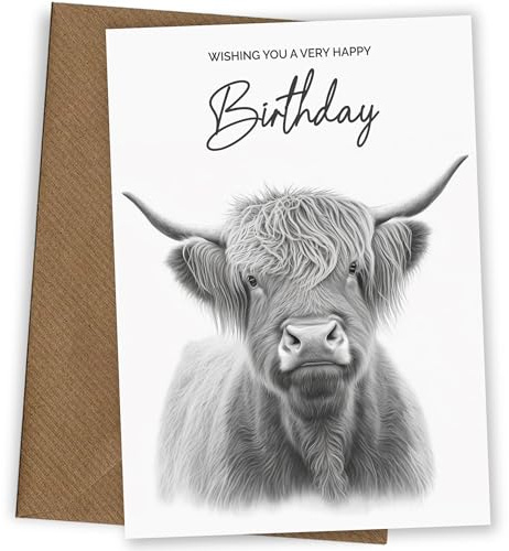 Geburtstagskarte mit Hochlandkuh für Damen und Herren, niedliche schottische Kühe von der schottischen Highlands Farm auf einer Happy Birthday Karte, perfekt zum Geburtstag