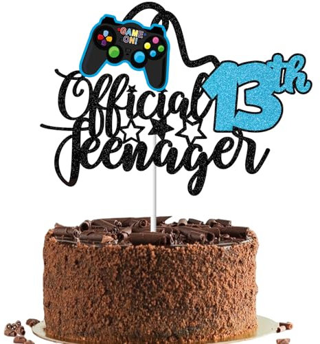 Gidobo Official Teenager 13th Birthday Cake Topper for Boys, Glittery Video Game Cake Toppers Game On with Controllers for Thirteen Years Old Birthday Party Supplies