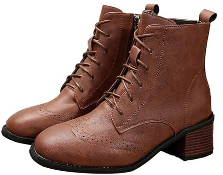 liaddkv Stivali stringati da donna con tacco, stivaletti corti in pelle, Karree Biker, con tacco a blocco, classici da moto, in pelle PU, comodi, marrone, 37