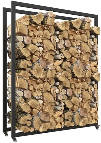 Outsunny Scaffale Portalegna da Esterno e Interno con Ruote, Legnaia in Metallo Rinforzato con Area da 0.43m³, 120x32x151cm, Nero