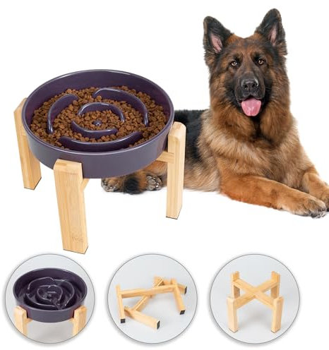 Erhöhter Antischlingnapf Hund aus Keramik - Rutschfester Fressnapf mit Bambusständer für langsames Fressen - Futternapf für mittelgroße und große Hunde - Lila - Durchmesser 22,5 cm