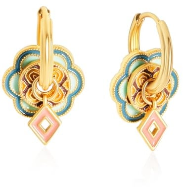Suejin Vintage Gold Plated Huggie Hinged Hoop Dangle Earrings for Women Novelty Fancy Boho Lady Enamel Flower Drop Small Hoop Earring with Gift Box for Travel