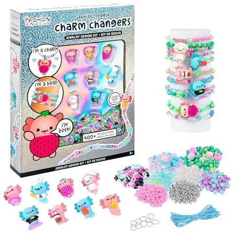 Fashion Angels Basic Fun Charm Changers – Axolotl League Jewelry Kit for Girls – DIY Necklace & Bracelet Making Set with Axolotl Charms, Donut & Heishi Beads – Creative Gift for Ages 6+