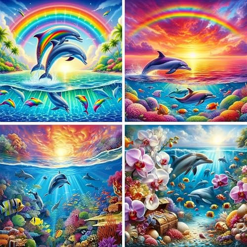 Doreenstar 4er Set Diamond Painting Delphine 30x30 CM, 5D Diamantmalerei Meerestiere Delfine, Bunte Diamant Painting Delfin, DIY Vollbohrer Diamond Painting 4 Set Tiere für Kinder Erwachsene