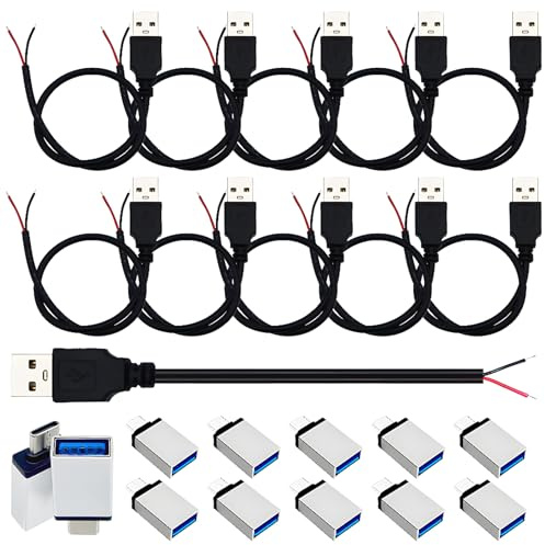CESFONJER Cavo USB 2.0 maschio a filo nudo, 22AWG cavo alimentazione USB e adattatori 10 kit, cavo alimentazione a estremità aperta a 2 core fai te 0,3 m/1 piede solo per la ricarica del dispositivo
