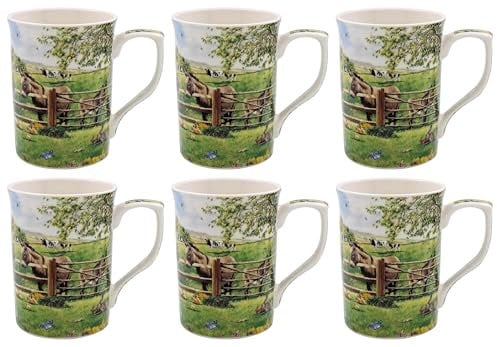 Tamersgifts Countryside Donkey Farm Fine China Mugs, Set of 6, 300ml, 10.5 cm Height, Dishwasher Safe
