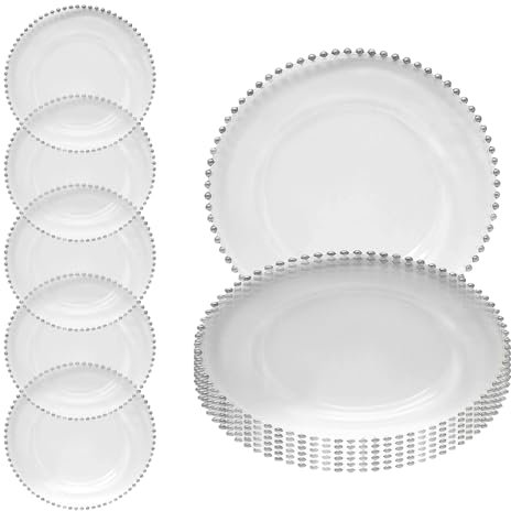 Stylish Clear Glass Charger Plate with a Silver Beaded Border—33cm Decorative Tableware Perfect for Weddings, Birthday Parties, Catering Events, Bridal Showers, and Bachelorette Celebrations – 12 Pcs
