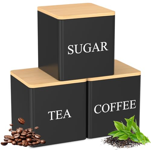 Sutowe 3 Stück Kaffeedosen-Set, 500ml Kaffee-Tee-Zucker-Aufbewahrungsdose mit luftdichtem Deckel aus Holz, 8,5x8,5x8,5cm Vorratsdosen Set mit Etiketten, Küchen-Organizer(Schwarz)