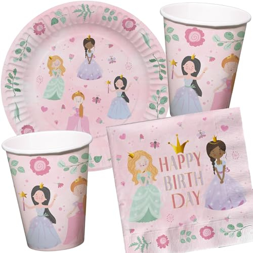 Kit de fête 37 pièces « Pretty Princess » avec assiettes, gobelets, serviettes et décoration pour anniversaire d'enfant et fête à thème | Les filles adorent cette princesse pour un anniversaire et une