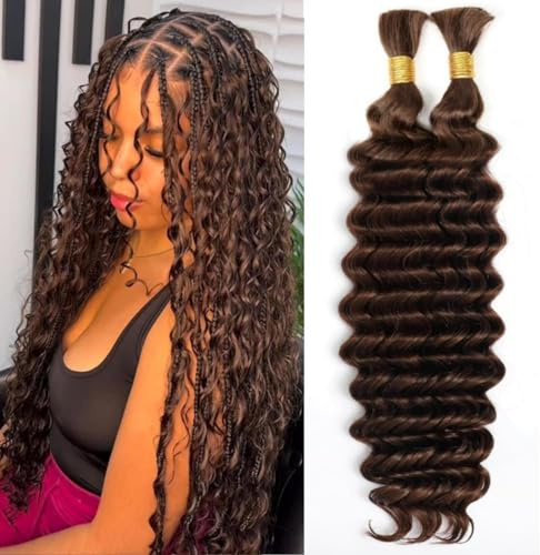 Human Braiding Hair for Boho Braids Human 100g 18 Inch Curly Boho Hair for Braiding Knotless 12A Deep Water Wave Bulk Bohemian 2 Bundles/Pack Color#4 No Weft Bundles 4#