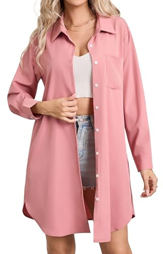 Enmain, blusa de manga larga para mujer, camisa de túnica con botones, blusas casuales de algodón con bolsillos, rosa (Dusty), XXL