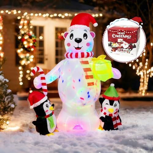 PoolyPoly 180CM / 6FT Aufblasbarer Weihnachten Eisbär mit Zwei Pinguinen, Bunte LED-Leuchten, Dekoration Weihnachten Innen und Außen für Salon, Terrasse, Balkon, Garten, Pfähle Inclusive für Rasen
