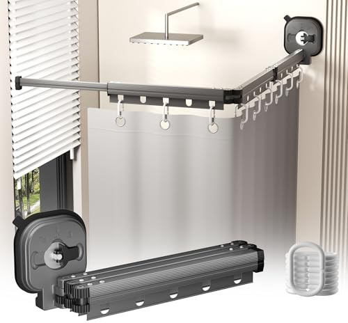 Faltbarer Duschvorhang Ohne Bohren mit Duschvorhangstange,Starker Saugnapf für Badezimmer mit Winkelverstellbarer Funktion L/U Form,Wasserdichter Duschvorhang 3 Folds Grey