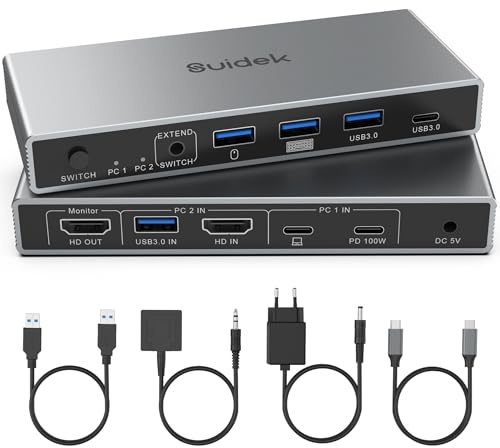 SUIDEK USB C & HDMI KVM Switch Support 4K@60Hz, 4 USB 3.0 Ports KVM Switches for 2 Computers Share 1 Monitors and Keyboard/Mouse/Hard Drives/Printer, KVM Switch for Mac and PC/Laptop | 4K@60Hz Aluminum KVM Switchs for 1 Laptop & 1 Desktop Share 1 Monitor Keyboard Mouse Printer, with USB Cables/Controller
