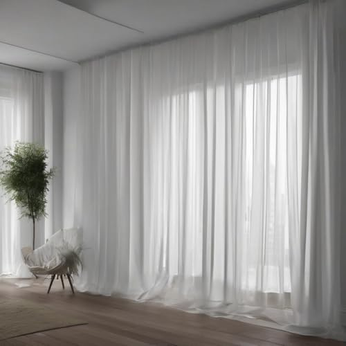 Gardinen Vorhangen Weiß Voile 400x250 cm (BxH) Altabadia Transparent Kurze Lange Modern Glatt Auf Kräuselband Fertig Genäht Für Wohnzimmer