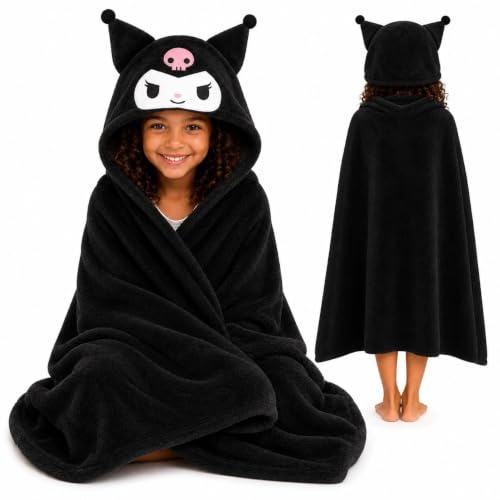 Hello Kitty Kuromi Hooded Wrap Blanket - Black/Pink Fleece Blanket with Novelty 3D Hood & Pompom - Cosy Wearable Throw - Size 120x150cm