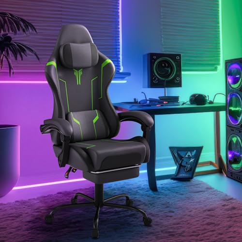 HENGMEI Gaming Stuhl Ergonomisch Computerstuhl Massage Gaming Sessel Bürostuhl Drehstuhl mit Massage Lendenkissen, Fußstütze, Gepolsterte Armlehnen Kopfstütze Schreibtischstuhl, Grau und Grün