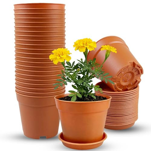 TEYIAN 24pcs 10cm Small Plant Pots Premium Plastic Flower Nursery Pots Herb Pot Seed Seedling Pots with Drainage Hole and Tray for Succulent, Flowers, Cactus All House Plants