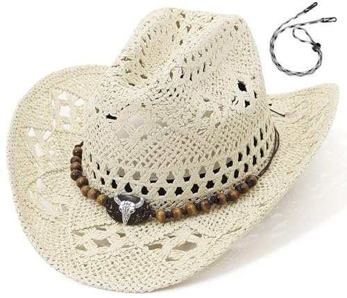 EOZY Straw Cowgirl Hat for Women Men Western Cowboy Hat Woven Hollow Out Wide Brim Sun Hat with Chin Strap