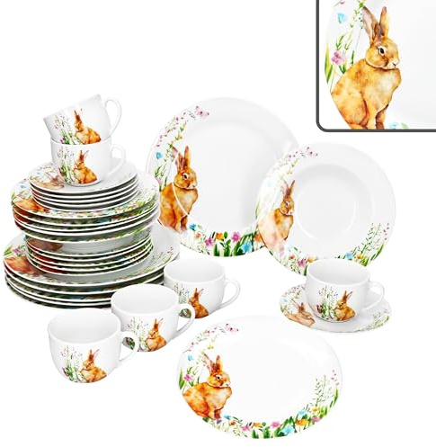 MamboCat 30tlg Kombiservice Osterfreude I frühlingshaftes Porzellan-Geschirrset mit Osterhasen-Dekor für 6 Personen I Je 6x Tassen, Untertassen, Kuchenteller, Suppenteller & Speiseteller