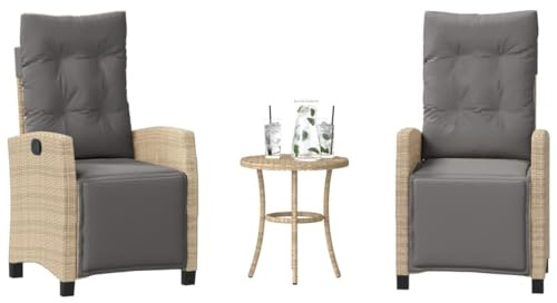 QUAHEAS 3-TLG. Bistro-Set mit Kissen, Beigemischung Poly Rattan, verstellbare Relaxsessel für Garten, Balkon, Terrasse, wetterfestes Outdoor Möbelset