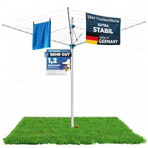 STAHLMANN® Wäschespinne draußen [Made IN Germany ] - Wäschespinne[50 M Leinenlänge] inkl. Bodenhülsen mit Deckel - höhenverstellbareWäschespinne aus hochwertigem Aluminium (50 M)