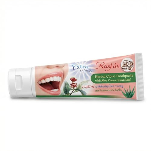 RasYan Dentifrice Herbal au Clou de Girofle. Aloe Vera & Feuille de Goyave - Pâte Dentaire Extra Blanc pour Hygiène Bucco-dentaire - 100g - Fabriqué en Thaïlande