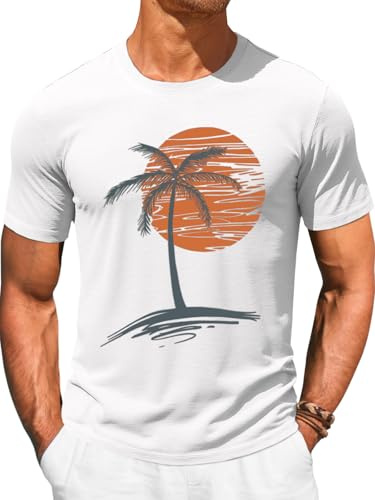 Runcati Herren T-Shirt Kurzarm Sommer Oberteile Rundhals Palm Druck Strand Shirt Regular Fit Sport Funktionsshirt Freizeit Basic Tee Tops