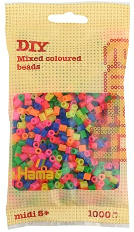 Hama Perlen 207-51 Bügelperlen Beutel mit ca. 1.000 bunten Midi Bastelperlen mit Durchmesser 5 mm im Neon Mix, kreativer Bastelspaß für Groß und Klein