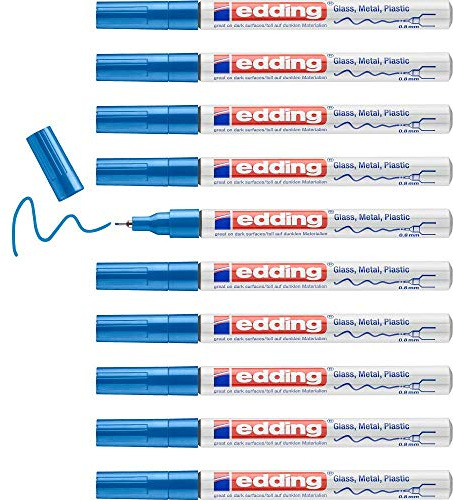 edding 780 gloss paint marker - blue - 10 paint markers - extra-fine round tip 0.8 mm - paint pen for glass, pebbles, wood, plastic, paper - waterproof, high coverage