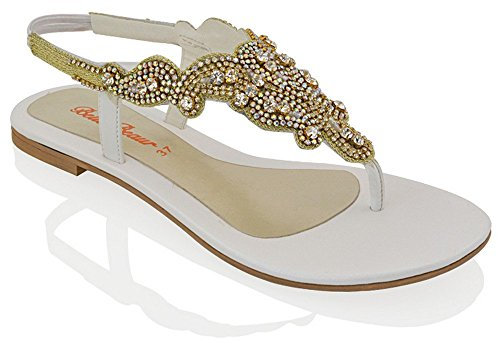 ESSEX GLAM Flache Damen-Sandalen, Slingback, Strasssteine, Zehentrenner, Weiß, 40 EU