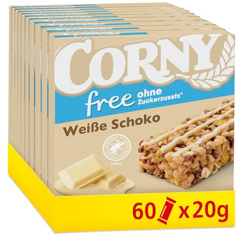 Müsliriegel Corny Free Weiße Schoko | Ohne Zuckerzusatz | 67kcal | 60x20g | Super Snack für Schule, Büro, Freizeit & zwischendurch| Wertvolles Getreide | Ohne Farb- & Konservierungsstoffe | Vorratspack
