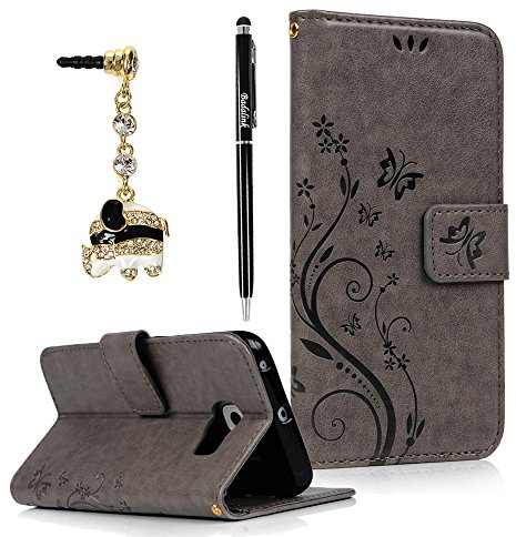 Badalink Hülle für Samsung Galaxy S6 Edge Schutzhülle Flip Bunt PU Leder Ledertasche Wallet Case Brieftasche mit Magnetverschluss Carving Reben Blumen Schmetterling Butterfly Muster Cover Handyhülle Schale Stand Halter Falten Standfunktion und Cardslots Kredit Karte Kartenfächer Grau +Eingabestift +Staubstecker