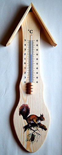 Holzschnitzerei Bley Thermometer Eichhörnchen. EIN wunderschönes aus Nadelholz gefertigtes Thermometer für Innen und Außen. Die Höhe ist 50 cm. Temperaturanzeige von -40 bis +50 °C.
