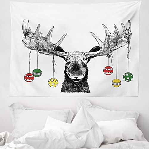 ABAKUHAUS Elche Wandteppich, Weihnachten Tier Xmas Ornamente Kugeln hängen von Hörnern lustig Noel Skizze Kunst, aus Weiches Mikrofaser Stoff Wand Dekoration Für Schlafzimmer, 150 x 110 cm, Grau Weiß