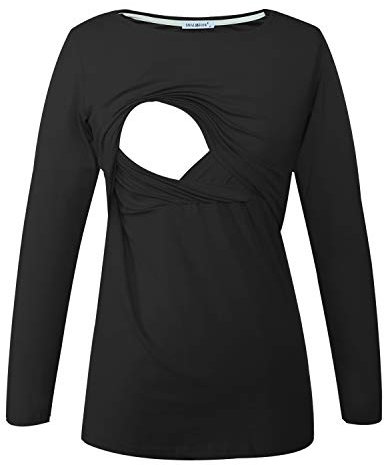 Smallshow Women's Long Sleeve Breastfeeding Top Maternity Nursing T-Shirt Pregnancy Clothes Black XXL