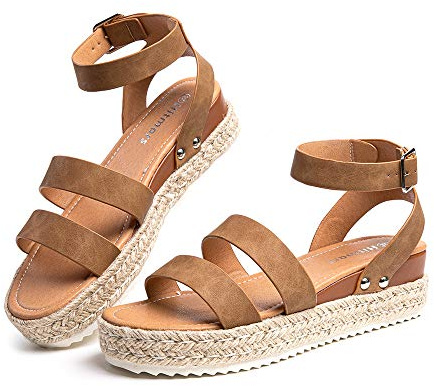 Hitmars Sandals Women Wedge Espadrilles Ladies Summer Platform Sandals Ankle Strap Comfy Khaki-2 6.5 UK