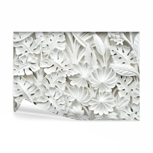 decomonkey Papier Peint Panoramique Feuilles 3d 300x210 cm Fleurs en pierre | Décoration murale, Tapisserie décorative pour chambre salon, motif blanc feuilles fond de texture romantique
