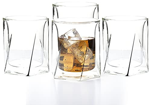 LEMONSODA Double Wall Whiskey Glasses - Insulated Clear Cup Design - Set of 4-10oz - Premium Whiskey Glasses for Scotch, Single Malt, Whiskey, Bourbon, Rye - Old Fashioned Glass