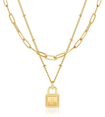 Lukieny Gold Layered Initial Necklaces for Women 18K Gold Plated Dainty Layered Letter Lock Necklace for Women Gold Padlock Pendant Necklaces for Girls Personalized Trendy Jewelry, Gold Plated, No
