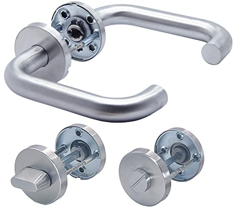 APECS H-0203+WC Poignée de porte en inox pour porte d'entrée et portes intérieures, ferrure de porte ronde avec rosettes en acier inoxydable mat, modèle U