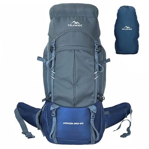 TRAWOC 60L Reiserucksack Wanderrucksack Trekkingtasche Camping Rucksack mit Regenhaube Schuhfach HK013 Grau, Grau, XL, Modern